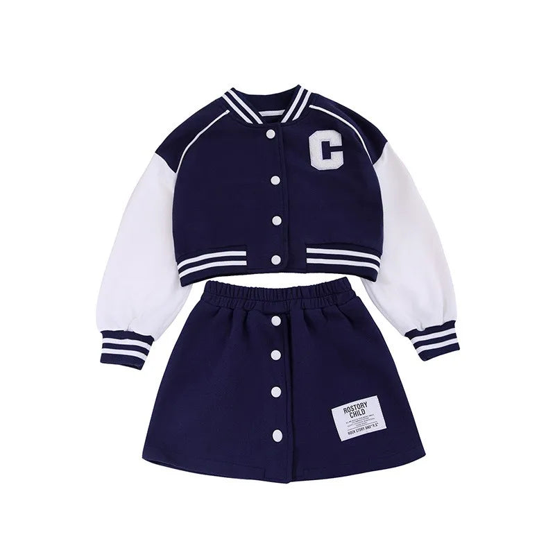 Girls' 2-Piece Set – Baseball Jacket + Slim Skirt | Printed Chic Sport Outfit – 3 to 14 Years