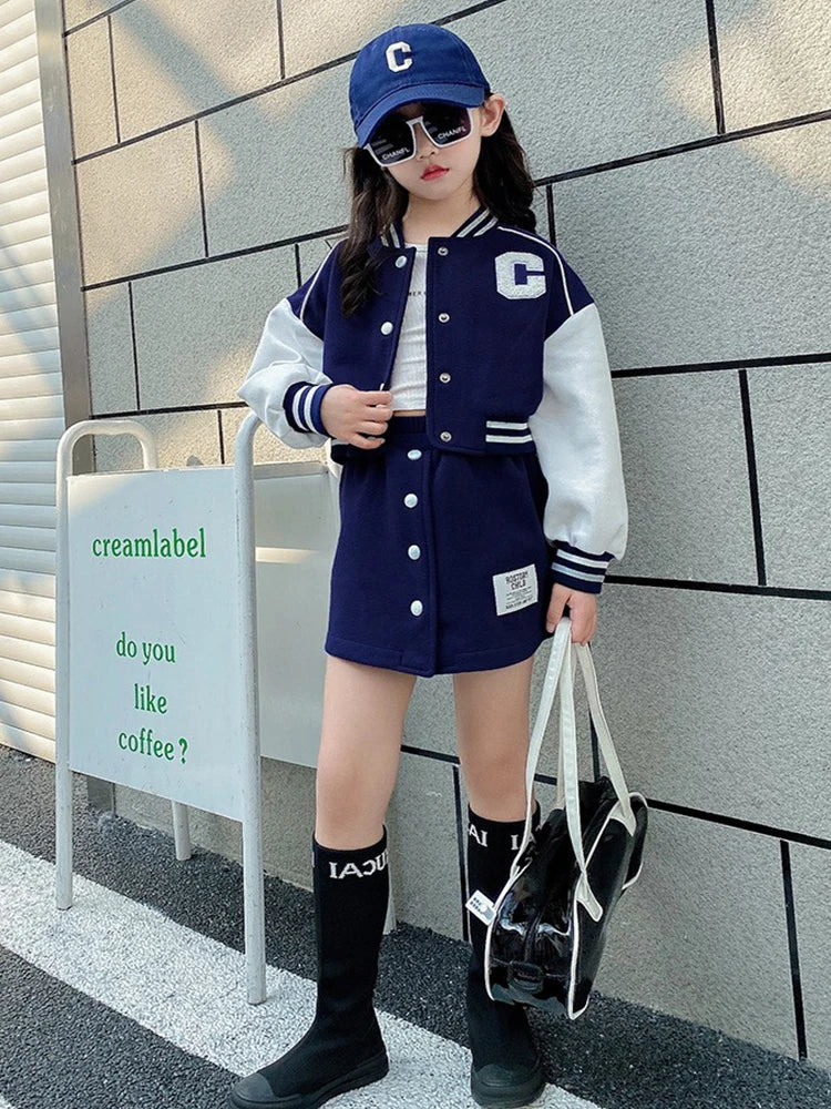 Girls' 2-Piece Set – Baseball Jacket + Slim Skirt | Printed Chic Sport Outfit – 3 to 14 Years